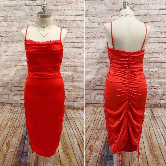 Princess Polly Red Spaghetti Strap Lace Neckline Ruched Satin Dress Size 6 - Picture 1 of 9